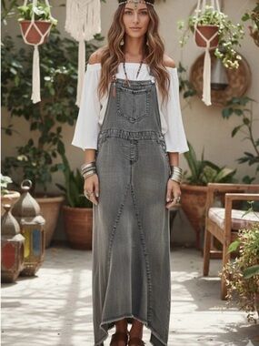 easel Gray Washed Denim Maxi Overall Dress with Bib Pocket